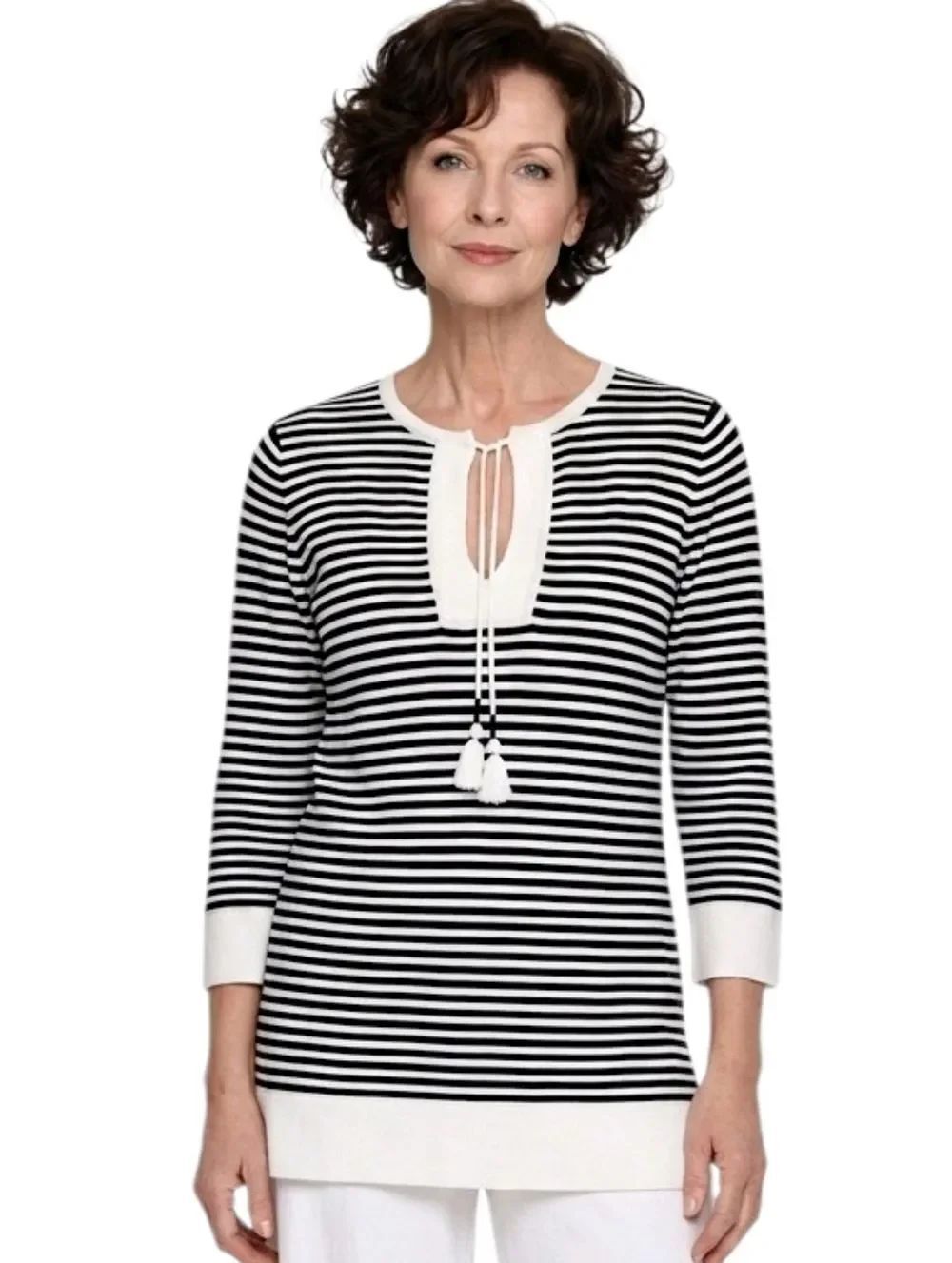 Loft Black & White Striped Split Neck 3/4 Sleeve Pullover Sweater Size XXS